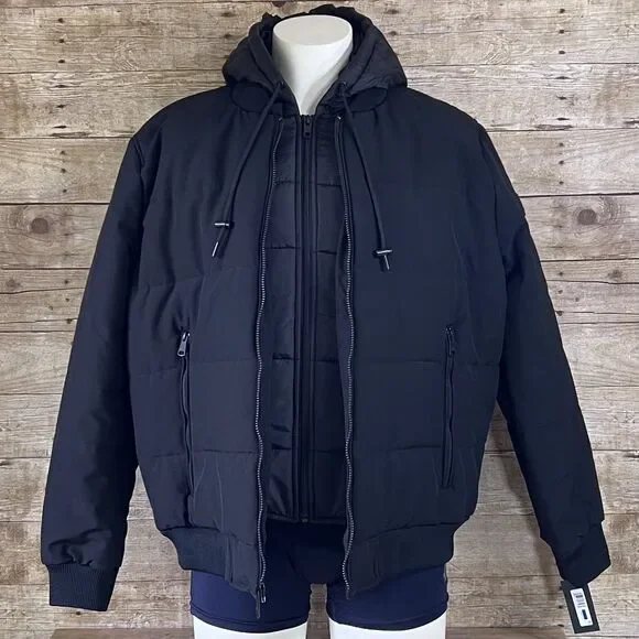 Kenneth Cole Mens Hooded‎ Puffer Jacket Black Double Zip Bib Bomber Coat KC NEW